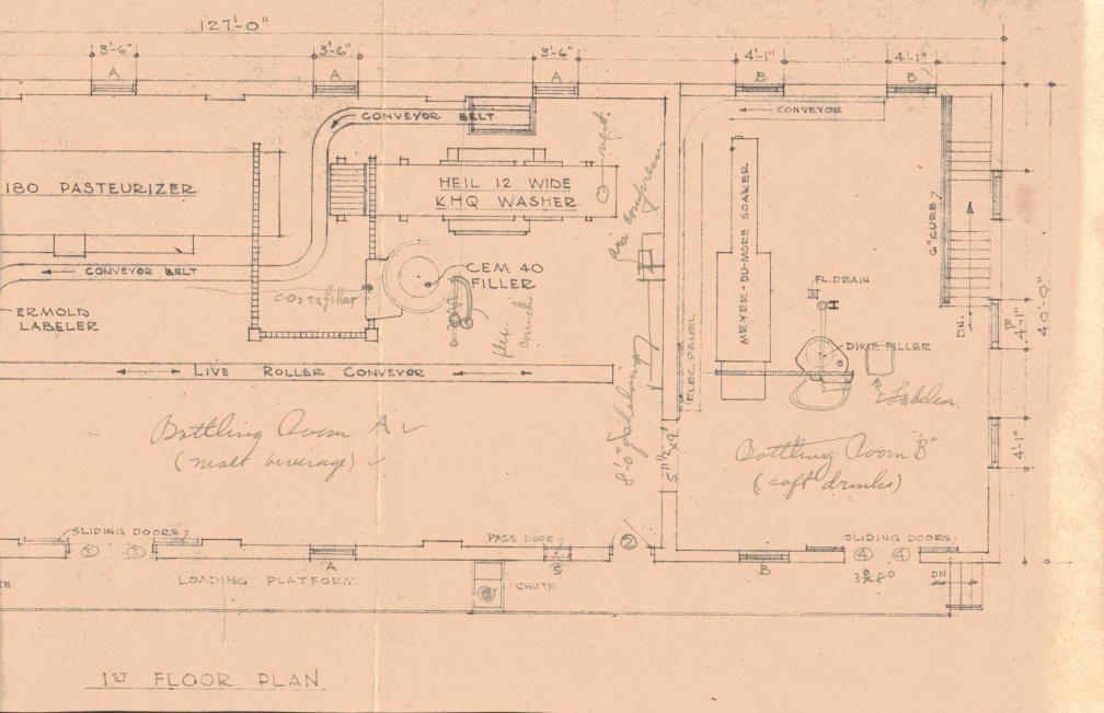 Stevens Point Brewery vintage drawing of the main floor of the bottle house area